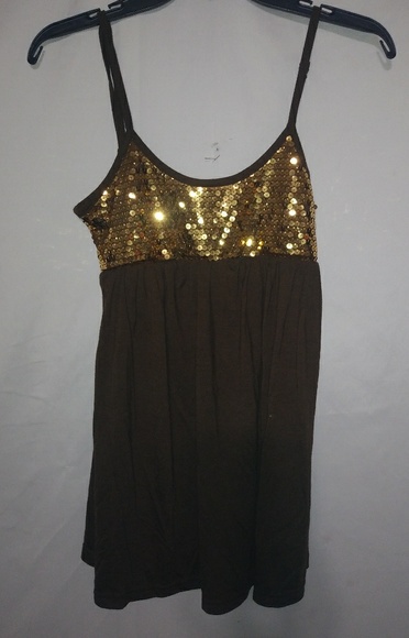 Instant Romance Tops - Instant Romance S Chocolate Gold Sequins Tank Top